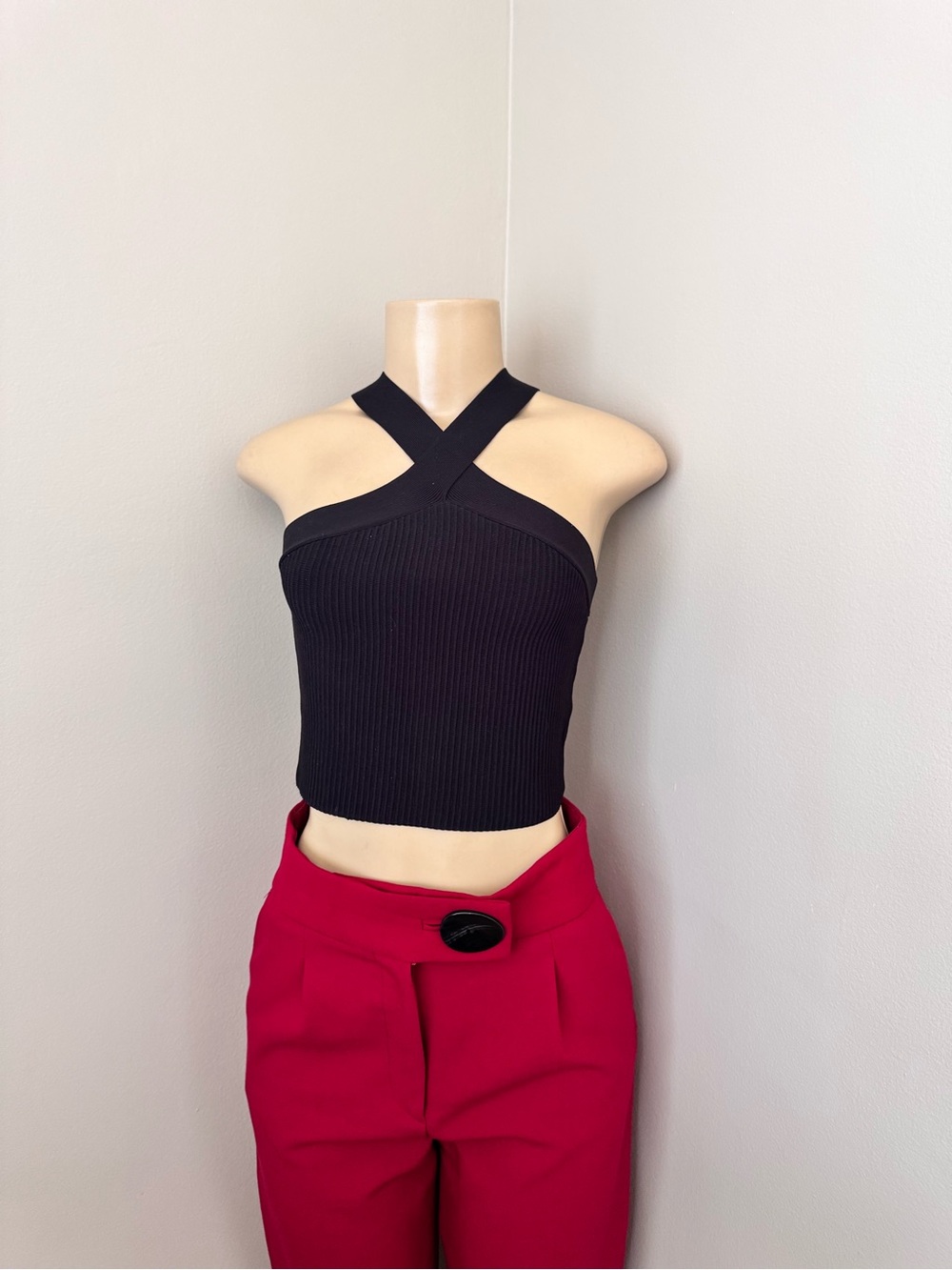 Joules Black Ribbed Cross-Front Crop Top